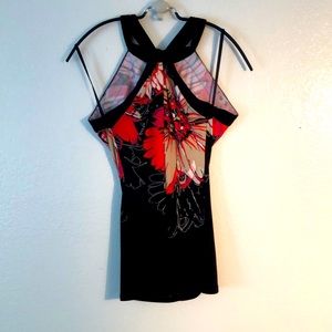 TAHARI Black floral halter top